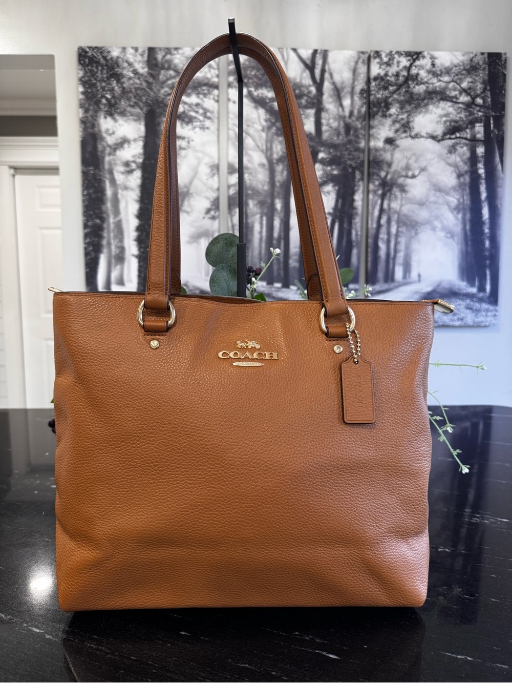 🤎Coach Pebbled Leather Zip Top Tote (Style F48637) in Saddle/Cognac.